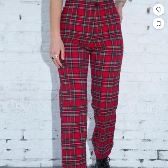 Brandy Melville Red Plaid Pants Flannel Tartan Pull On Button Straight Leg OS - Picture 4 of 4